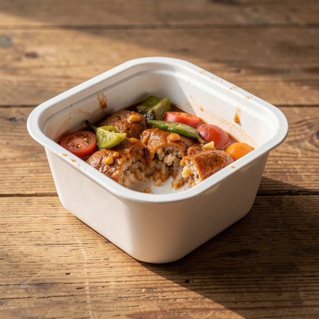 Takeaway container on a wooden surface, natural light, editorial composition showing a half-eaten convenience meal