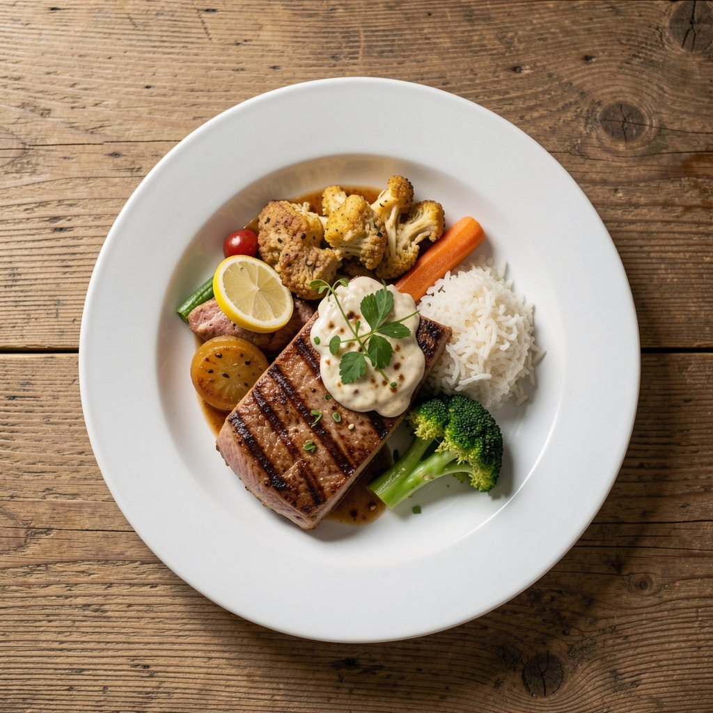 Simple meal prepared at home, set on a wooden table with natural daylight, overhead composition, no phone or screen in frame