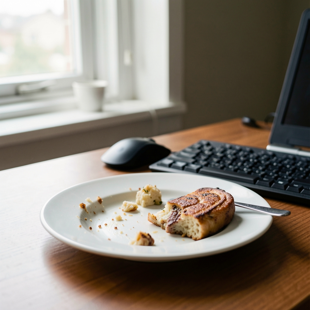 Close-up of a meal left half-eaten on a desk beside a keyboard, editorial photograph with natural light from a window