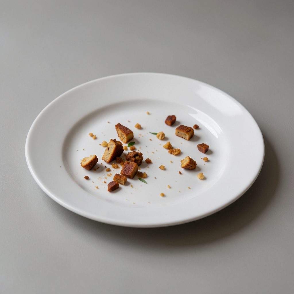 Empty plate on a neutral background, editorial still life, the remains of a meal eaten without full attention