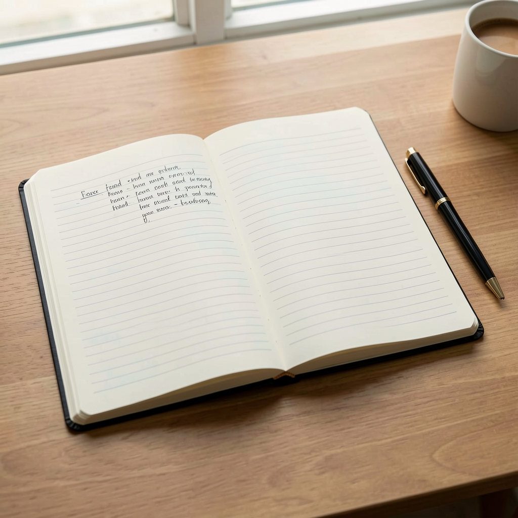 Notebook with food observations open on a desk, pen resting alongside, minimal editorial composition in natural daylight