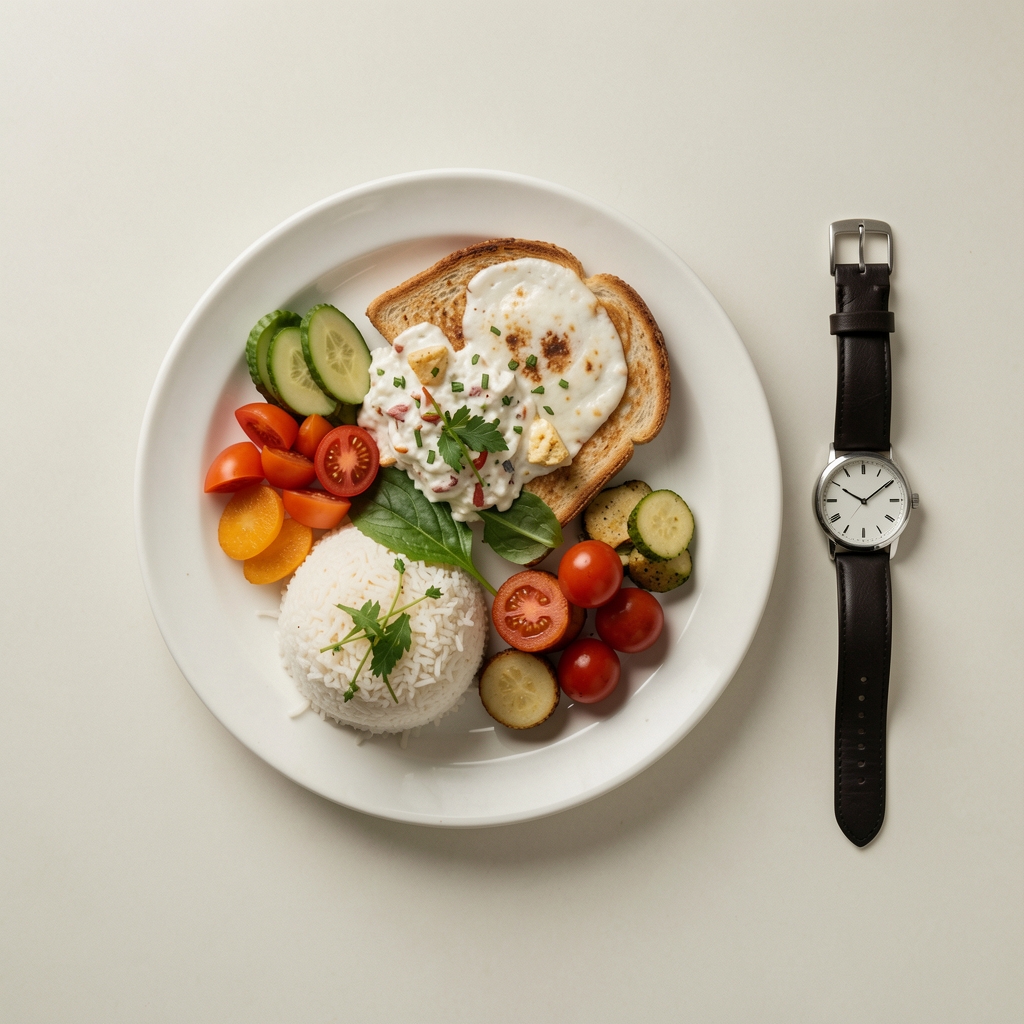 Minimalist flat-lay of a simple lunch meal on a pale surface with a wristwatch beside it, editorial overhead composition